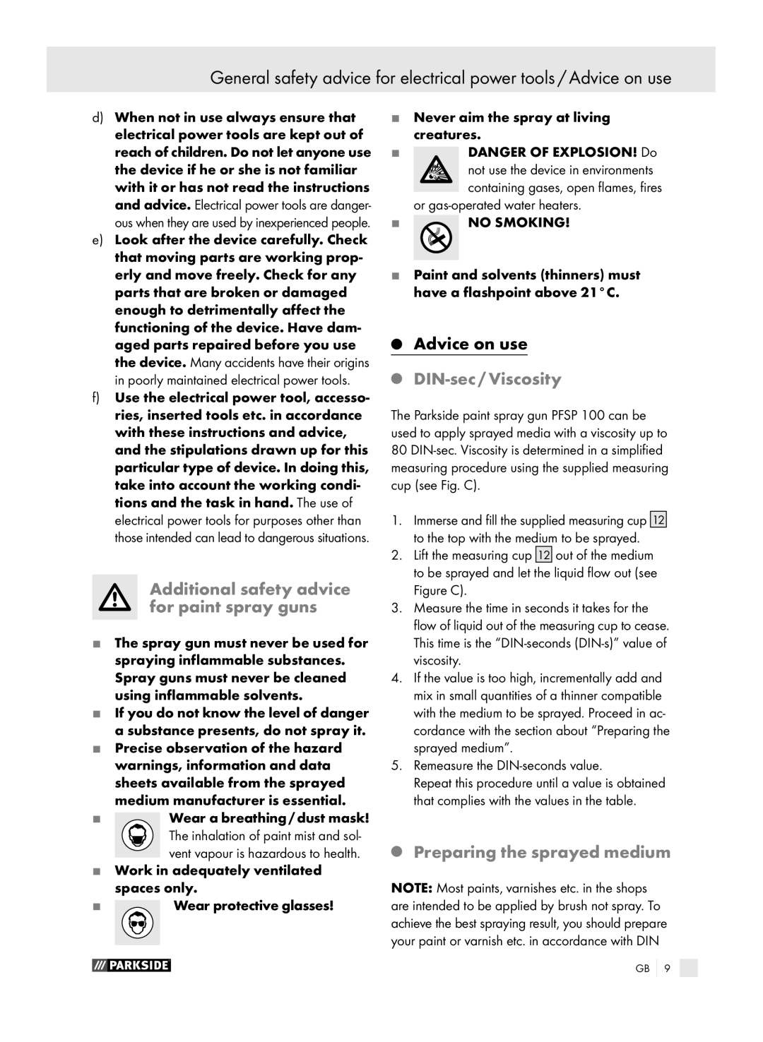 Parkside PFSP 100 manual Additional safety advice for paint spray guns, DIN-sec / Viscosity, Preparing the sprayed medium 